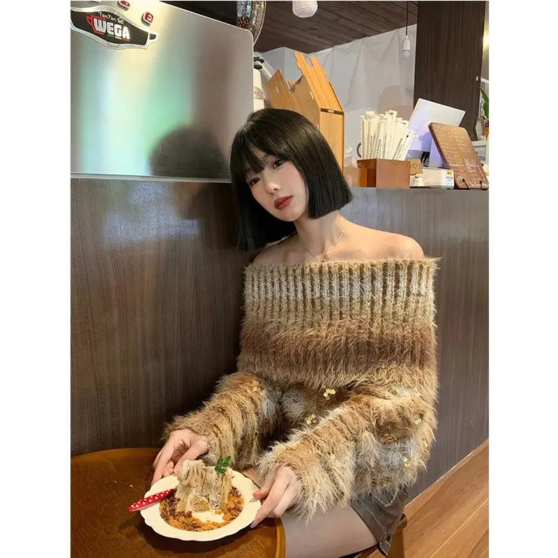New Wear More Sexy Knitted Autumn and Winter Shoulder Sweater Embellished Sequined Women's Top