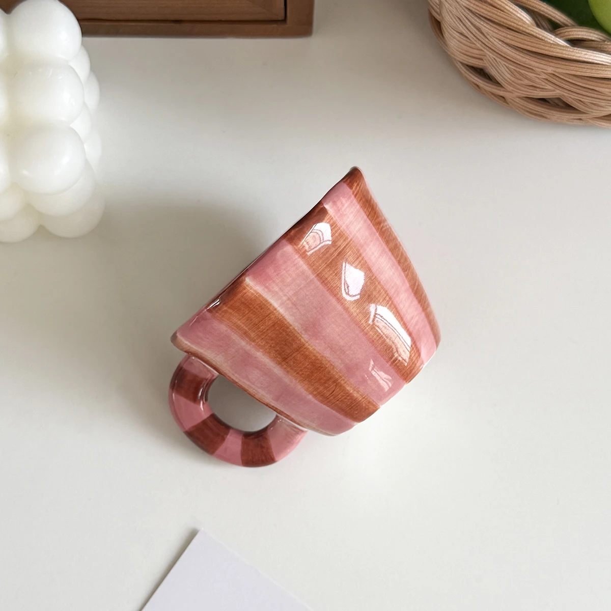 1Pc Pink Striped Ceramic Mug, Creative and Aesthetically Pleasing Striped Mug Coffee Cup, Suitable for Home Decoration, Daily Household Use, Party Decoration Ceramic Cup, Afternoon Tea Coffee Cup, Gift for Giving