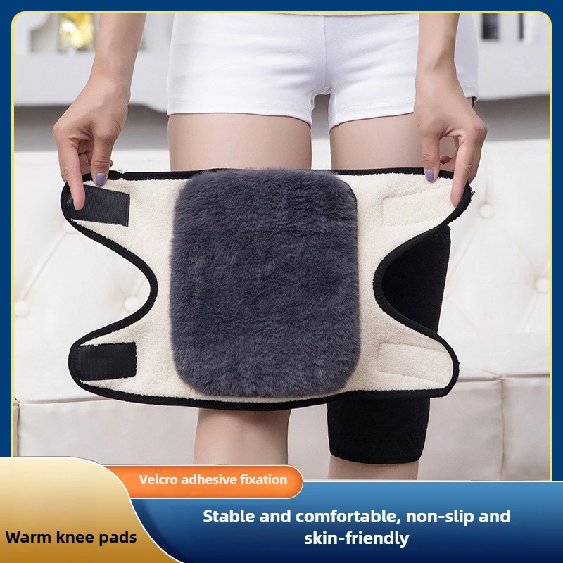 Ochraniacze na kolana unisex na rzep, ocieplane, grube, z polaru, z klejonym zapięciem, dwuwarstwowe, kompozytowe, imitujące polar jagnięcy.