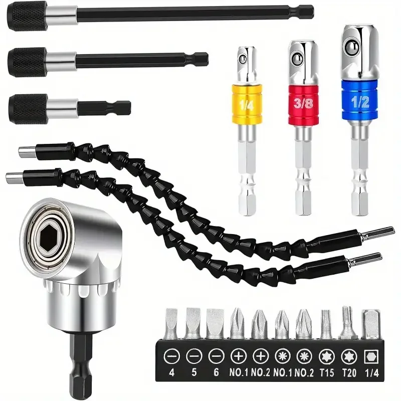 

19pcs Flexible Drill Bit Extension Set Drill Bit Kit 1/4 3/8 1/2 Inch Hex Adapter Socket Universal Drill Bit Bendable Screwdrive