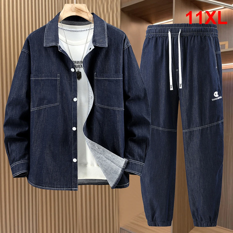 Spring Autumn Denim Suits Men 11XL Plus Size Denim Shirts Pants Fashion Casual Solid Color Suits Male Big Size Sets