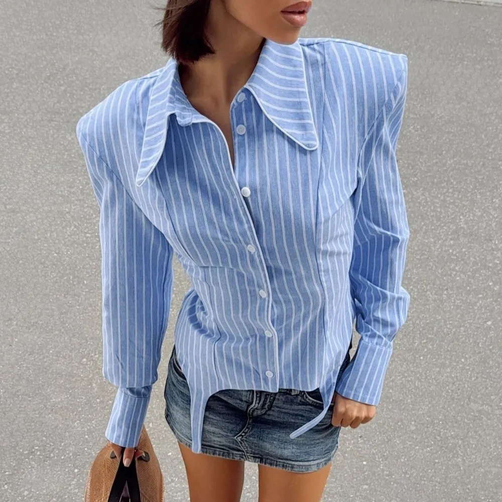 Lapel Collar Striped Blouse Irregular Hemline Waist Cinched Long Sleeve Shirt Patchwork Classic Stripe Slim Shirt Women