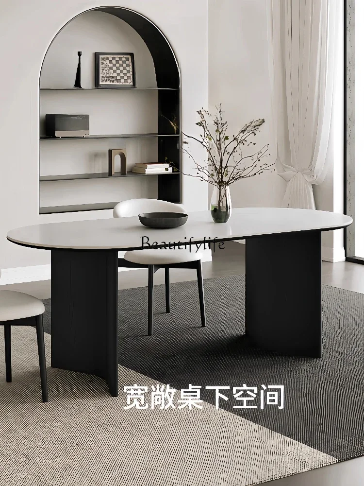 2Solid wood rock slab dining table oval pure white cream style household dining table and chair combination