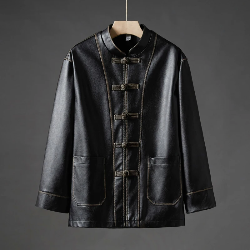2025 Autumn Men Pu Motorcycle Jacket Men Leather Jackets Men China-Chic Vintage Casual Bomber Jacket Male Oversized Loose Coat
