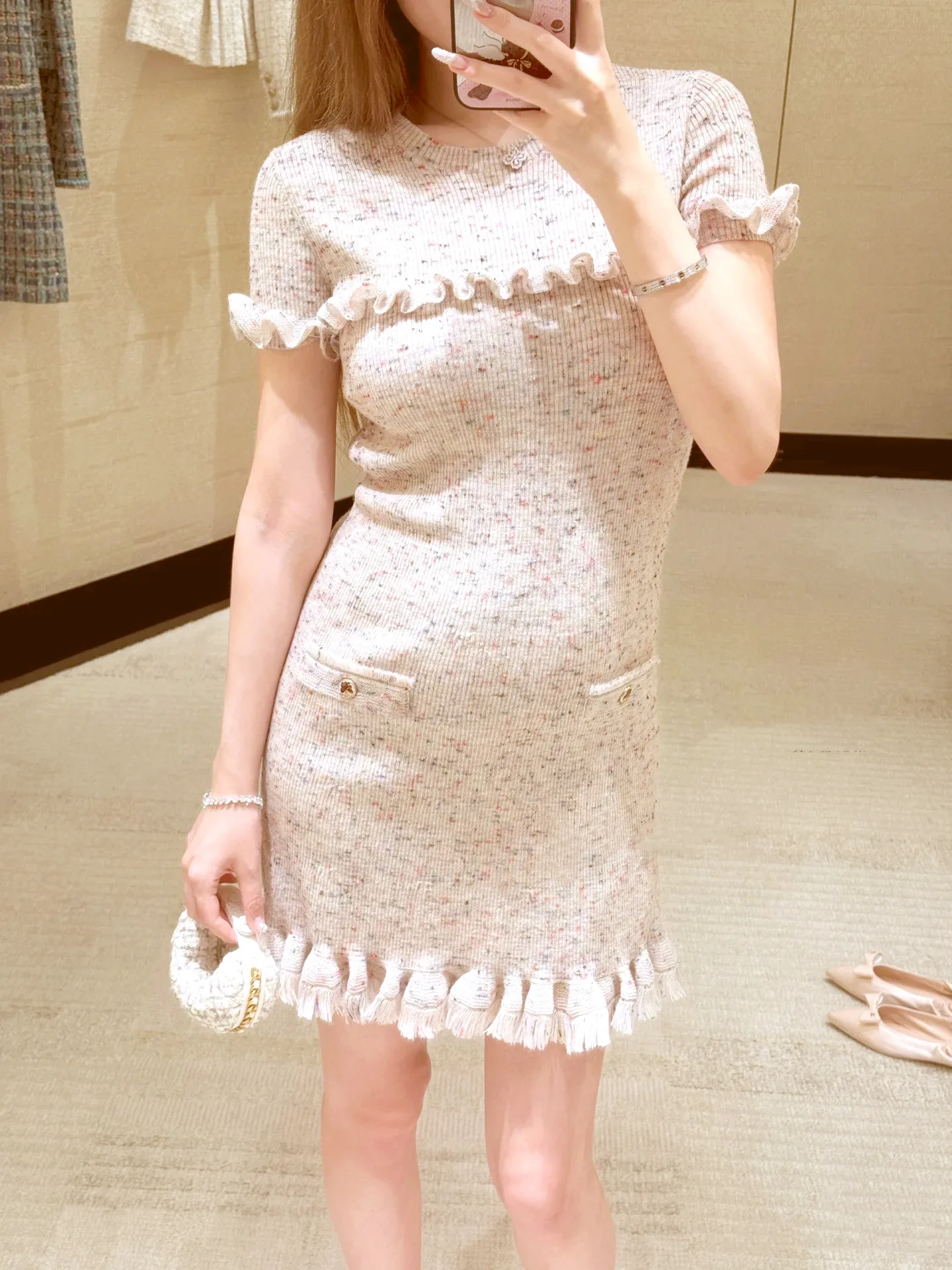 Sukienka europejska, elegancka, z falbanką, okrągły dekolt, dzianinowa, damska, z wysokim stanem, w kształcie litery A, letnia.