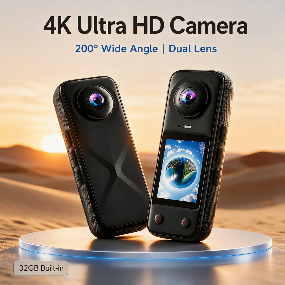 Panoramic Action Camera Front & Rear Dual Lens 200° Wide‑Angle, 2.0 Inch Screen Handheld Vlog Cam Magnetic Lens Cover