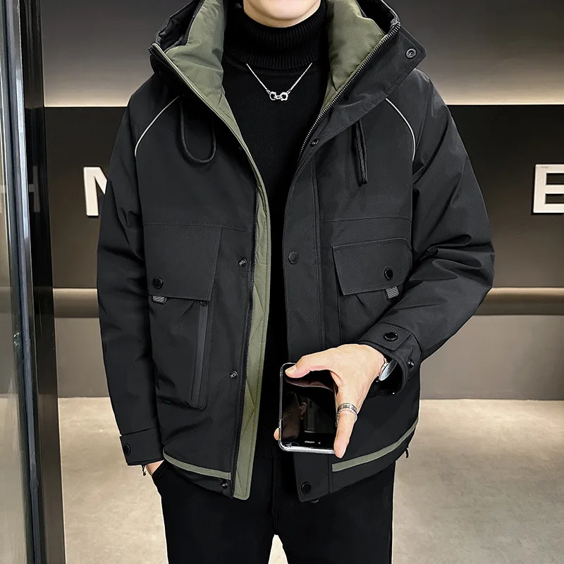 New Winter Men's Hooded White Duck Down Jackets Thickened Hooded Outdoor Down Padded Pockets Work Wear Parka Coats Man JK-123