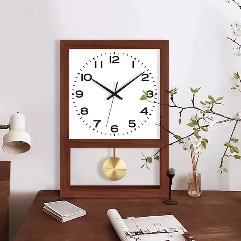 Japanese Retro Square Clock Wooden Art Table Decor Rocking Wall Clock for Living Room Classic Study Clock