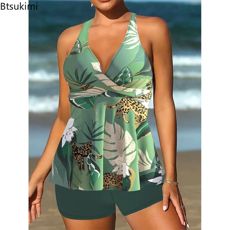 Women's Premium Summer Vacation Swimwear Blockbuster Leaf Print Top and Halter Beach Swimwear Loose Belly Covering Swimsuit Sets