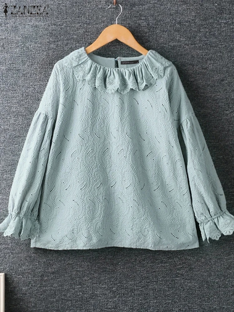 

ZANZEA Elegant Flare Long Sleeve Tees Casual Loose Cotton Tops Women Lapel Collar Blusas Sweety Lace Splicing Ruffled Blouse