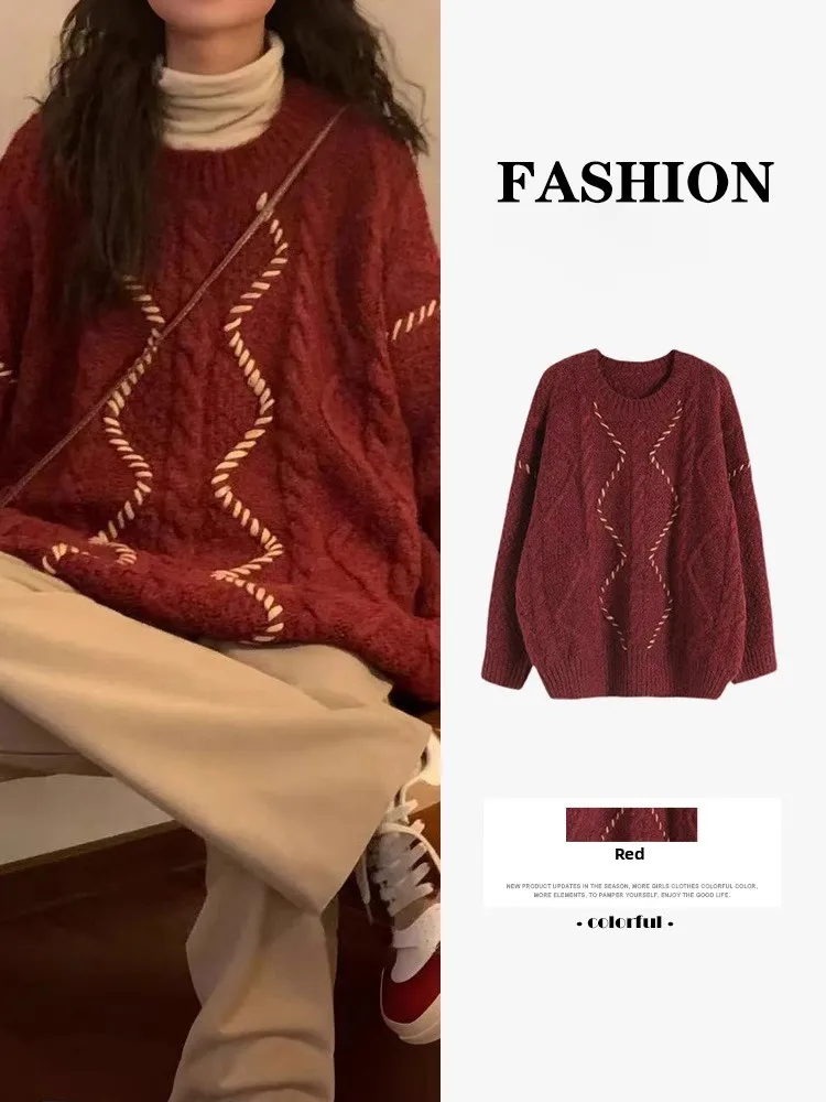 

Свободный крой винно-красного цвета Lazy Sle Design Sensation женский свитер осень-зима новогодний модный бренд Homecore из полиэфирного волокна