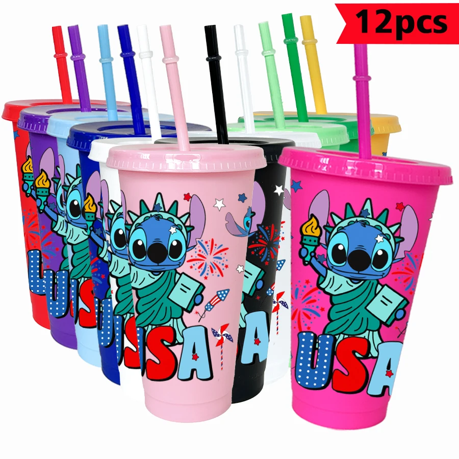 

12Pcs/pack Disney Stitch Fireworks 26oz Colored Plastic Tumbler Birthday Party Drinking Utensils Juice Coffee Mug