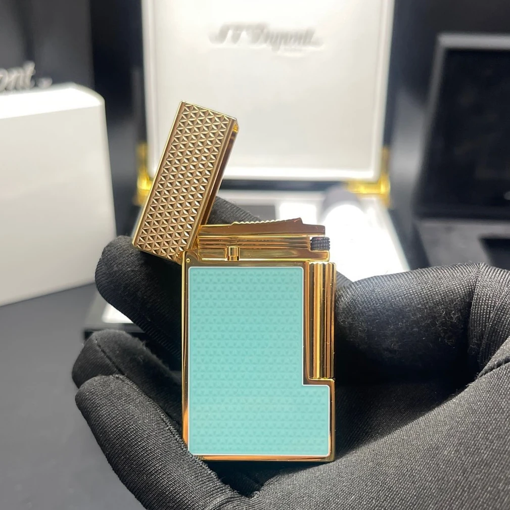 S.T. Dupont Lighter Gold and Silver Luxury Gold and Turquoise Enamel Design Iconic Flame Collection