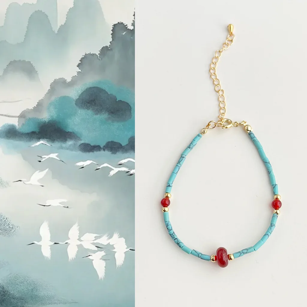

Handmade Natural Stone Red Agate Blue Turquoise Bead Chain Bangle Vintage Bracelet for Women