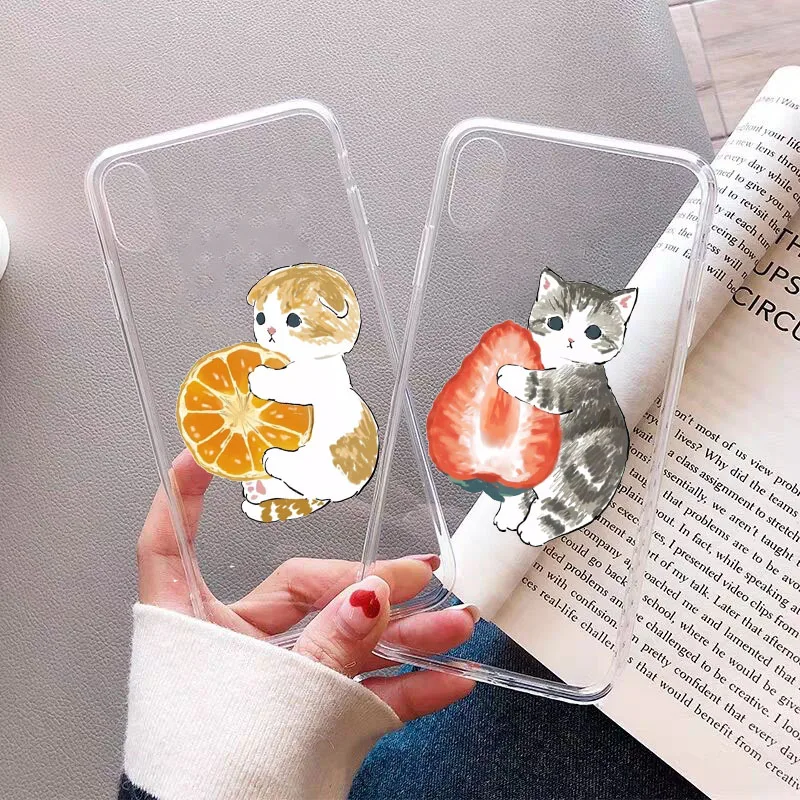 Funny Cat with Fruits Phone Case For iPhone 16 15 14 13 12 11 Pro XS MAX 7 XR 8 7 Plus Clear Cover Fundas