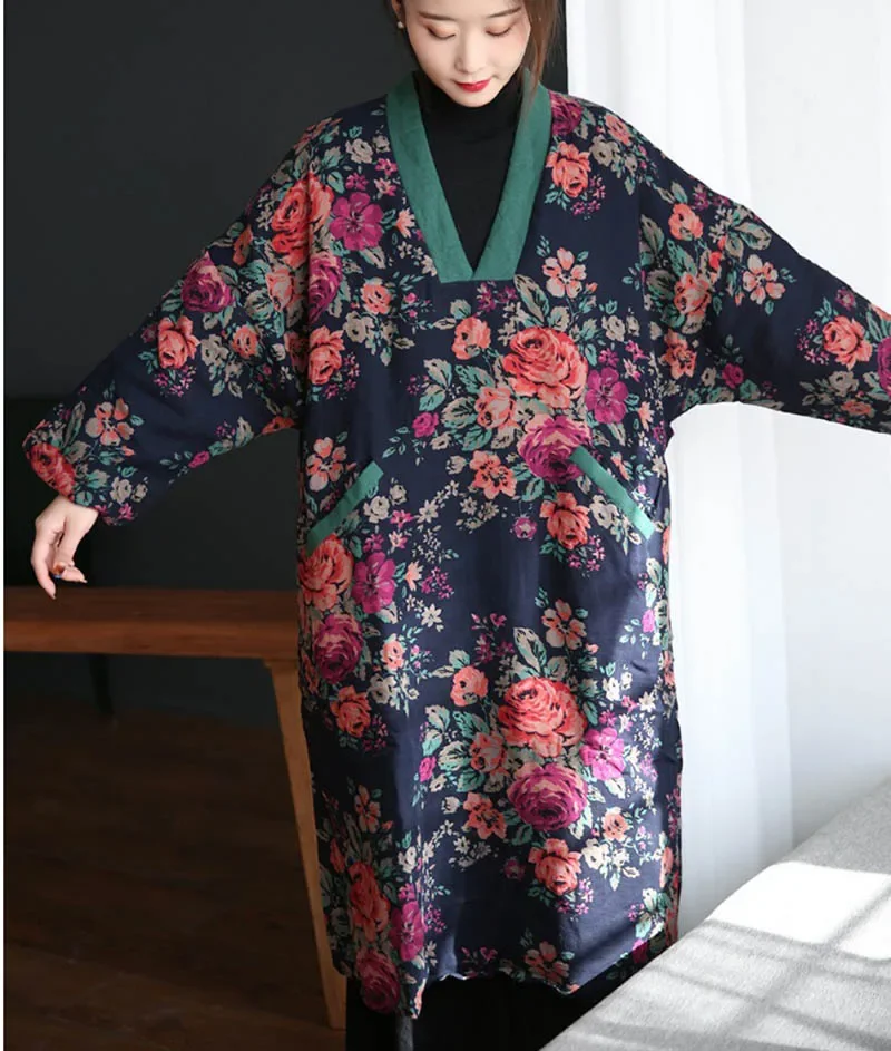 

Original Cotton Womens Winter Dress Quilted Outwear Flower Printed Hit Color V Neck Japanese Style Robe Long Jacket Plus Size