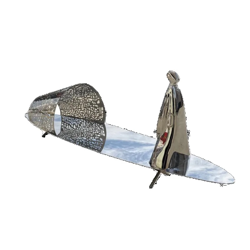 

Stainless steel mirror sculpture, metal outdoor landscape beauty Chen waterscape stainless steel artwork abstract boat sculpture