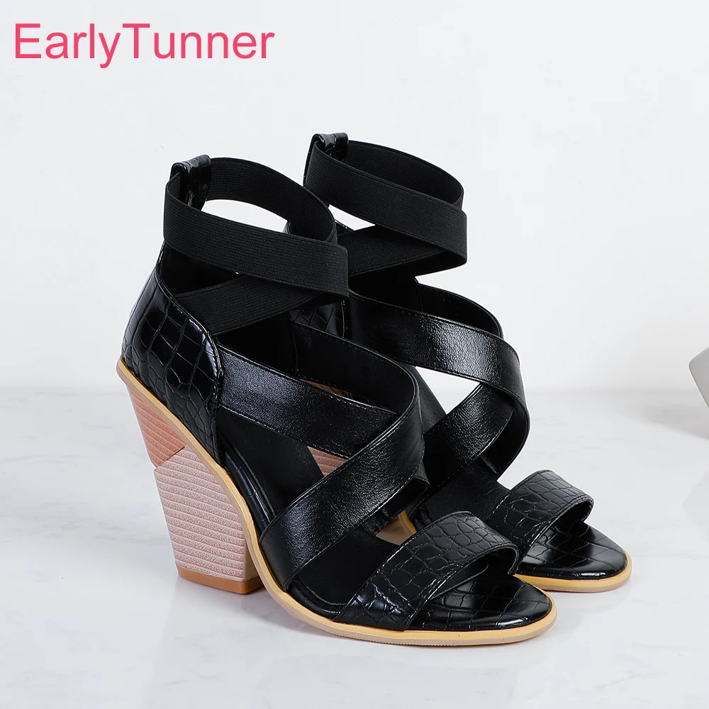 

Summer New Black White Fashion Women Sandals 4 Inch Round Toe High Wedges Heel Office Lady Shoes Plus Big Size 11 43 46 48