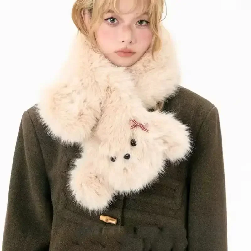 Japanese Cute Women's Winter Cross Hair Collar Scarf Imitation Fox Hair Puppy Neck Protection Coldproof Muffler JK Accessories