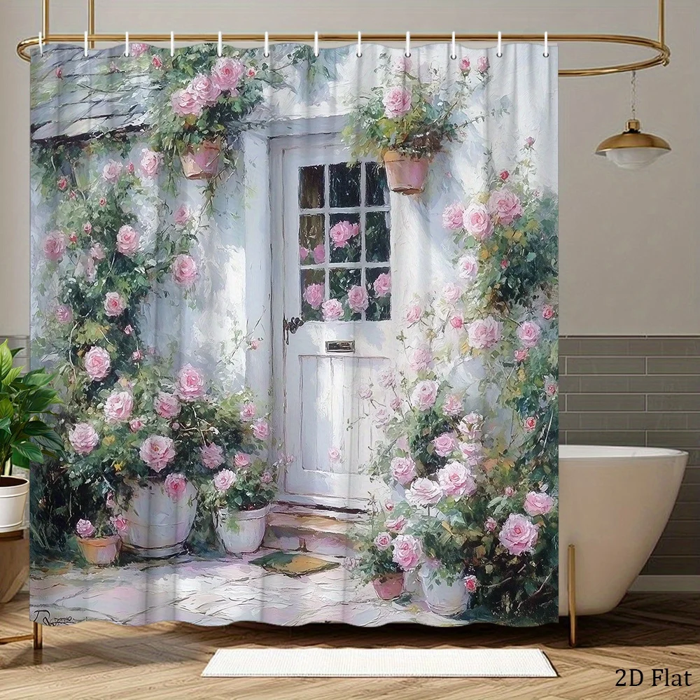 1pc Shower Curtain Featuring Cottage Roses in White, with Pink Flowers on Stone Steps And a Rustic Roof, Creating a Romantic Gar