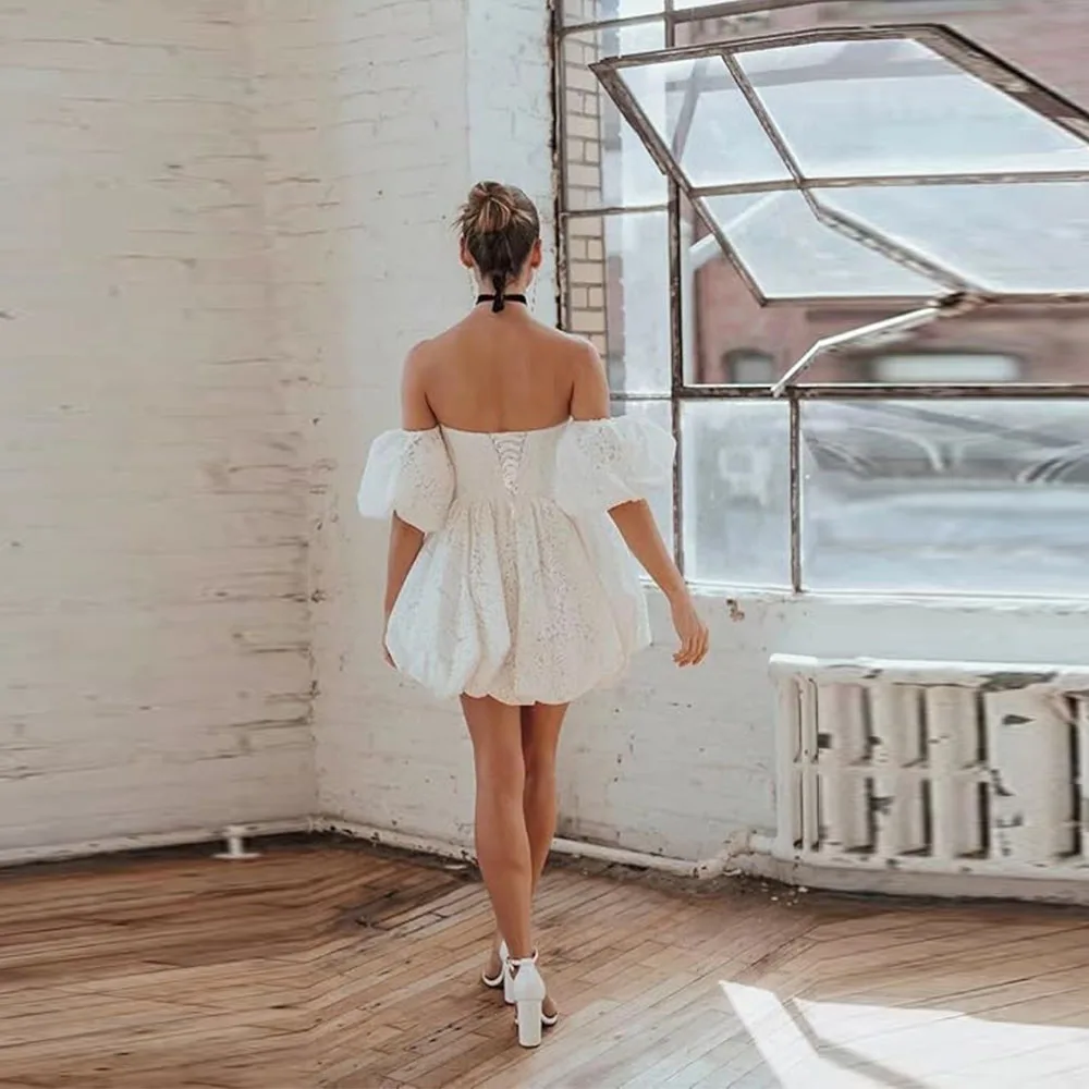 Customized Sweetheart Lace Civil Little Courthouse Wedding Gown Long Bubble Sleeve Applique Short Mini Length Bridal Dress