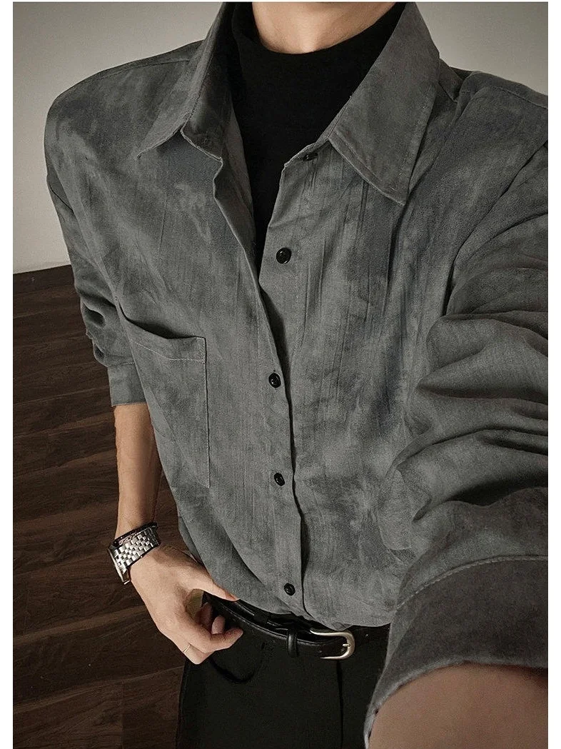 Retro American Dyed Long Sleeve Shirt Men's Spring Autumn Loose Casual Collar Casual Outerwear Inner Wear Youth Trend
