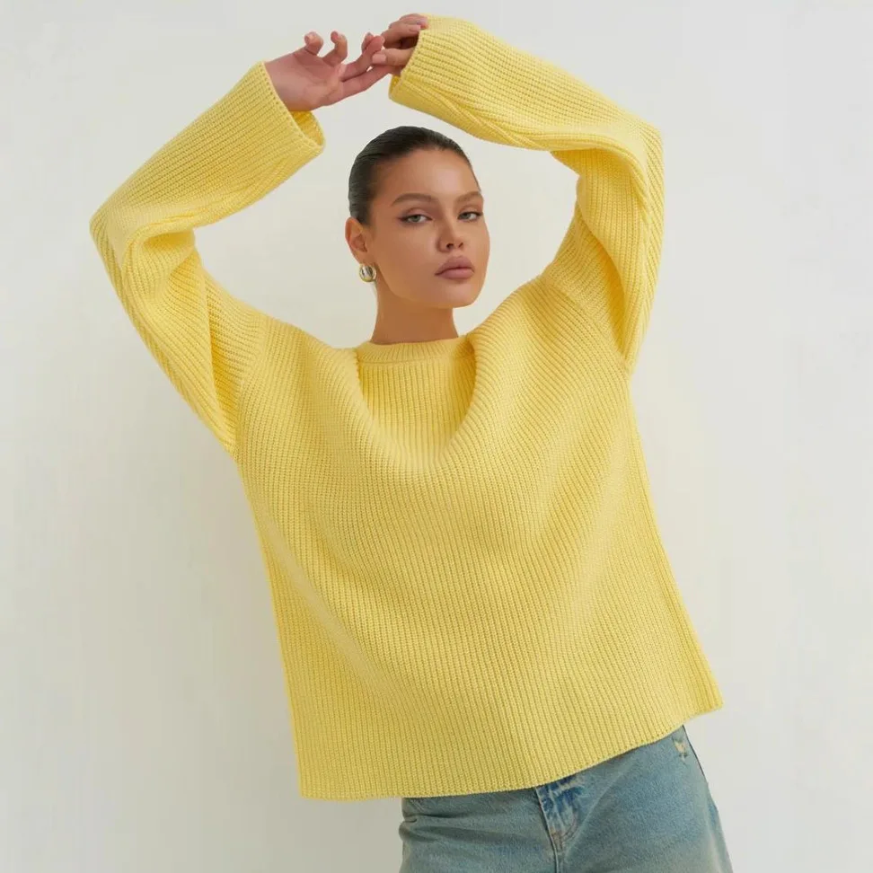 

Knitted Sweaters for Women Vintage Fashion Casual Jumpers Solid Loose Long Sleeve O Neck 2025 New Autumn Winter Pullovers
