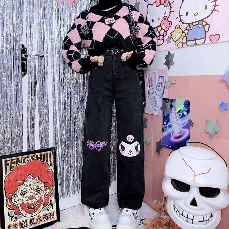 Pantalones vaqueros negros Kawaii Hellokitty Kuromi, pantalones holgados adelgazantes de pierna ancha, Pantalones rectos Sanrio para chica, pantalones informales con estampado de dibujos animados