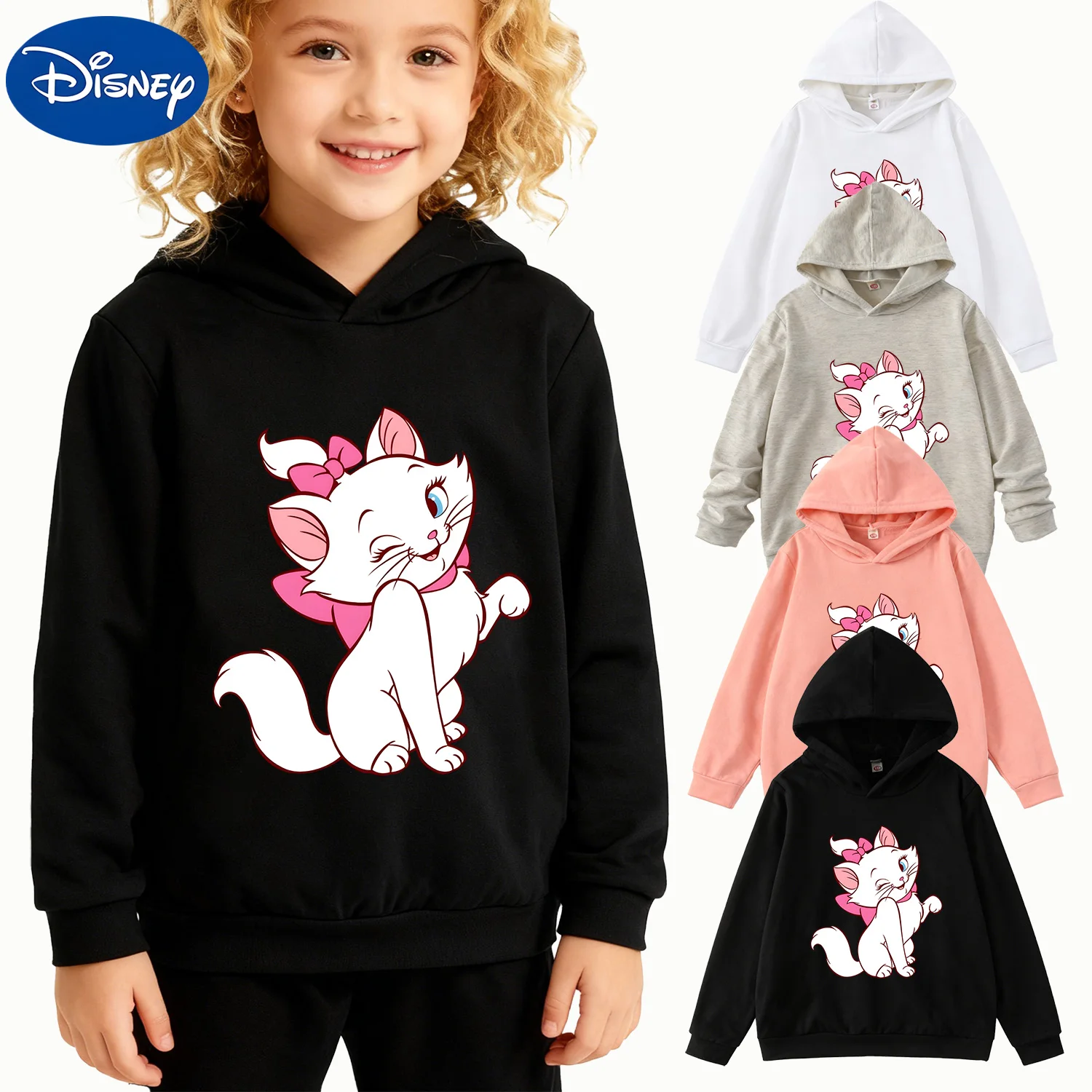 

Детская толстовка с капюшоном Disney Marie Cat и розовым бантом, черный пуловер с длинными рукавами