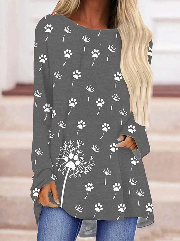 Winter Lange Mouw T-Shirt Mode Dames Kleding Ronde Hals En Lange Mouw T-Shirt Met Print Top Herfst Los T-Shirt