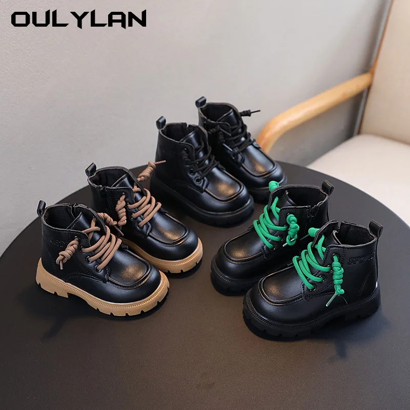 Children's Shoes Martin Boots 2024 Spring And Autumn New Style Children's High Top BlacBoots Children's Big Head Leather Boots