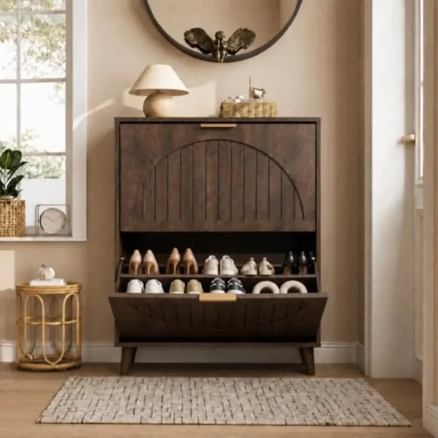 Entryway shoe storage cabinet, engineered wood, matte black, space-saving narrow design with 2 flip drawers and hidden organiza