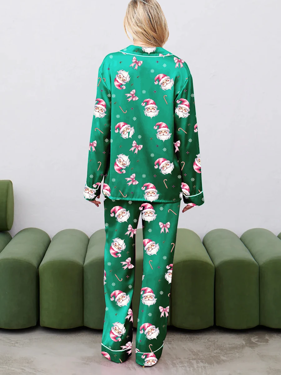 Women Christmas Pajama Set Santa Claus Print Long Sleeve Button Up Shirt with Elastic Pants Sleepwear Leisure Loungewear Pjs