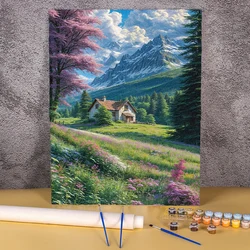 Immagine del paesaggio pittura fai da te con i numeri kit casa di montagna disegno da colorare con i numeri vernice acrilica fatta a mano per la decorazione domestica