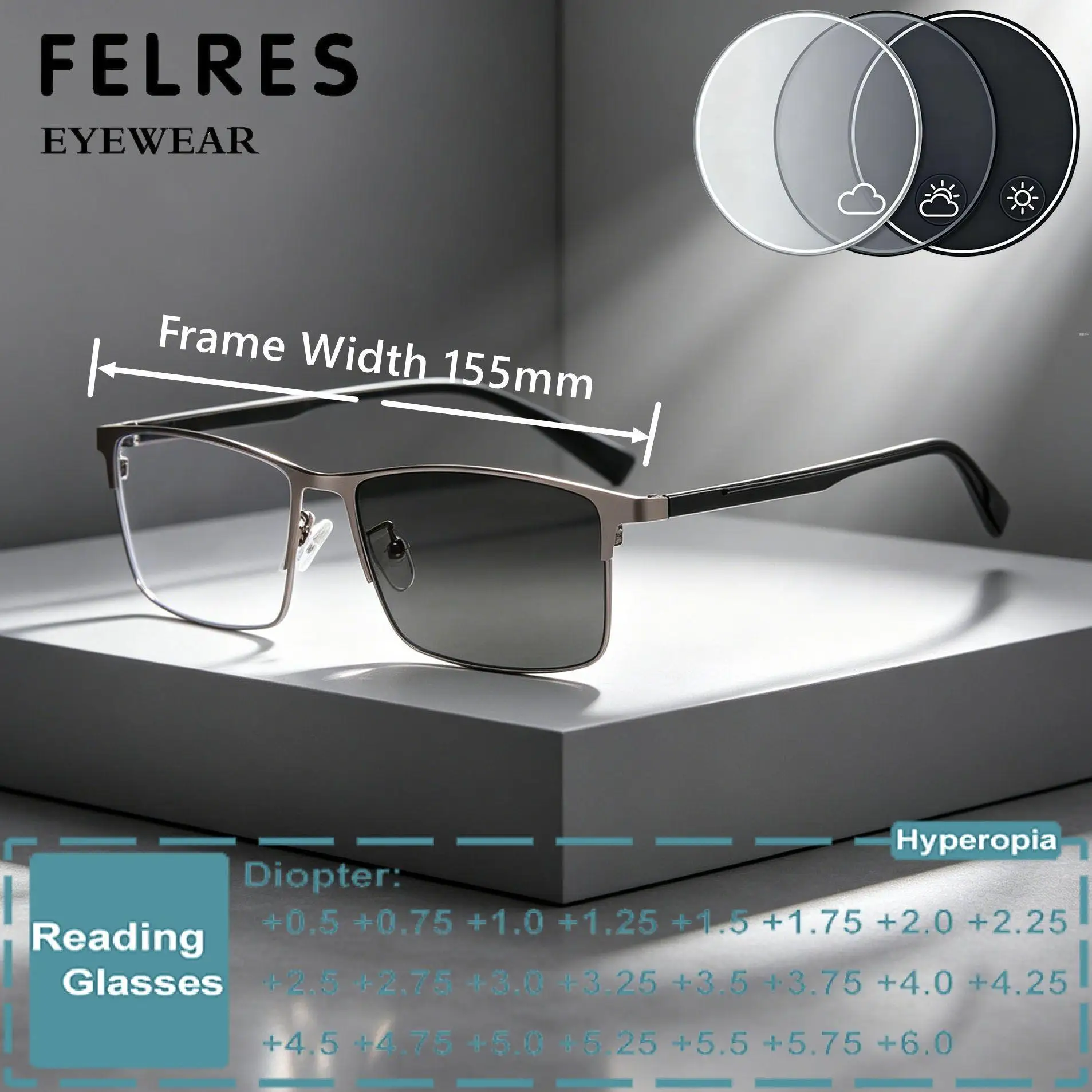 155MM Quadratische photochrome Lesebrille aus Legierung für Herren, Einstärkenbrille für Alterssichtigkeit, Farbwechsel-Lesebrille für große Köpfe