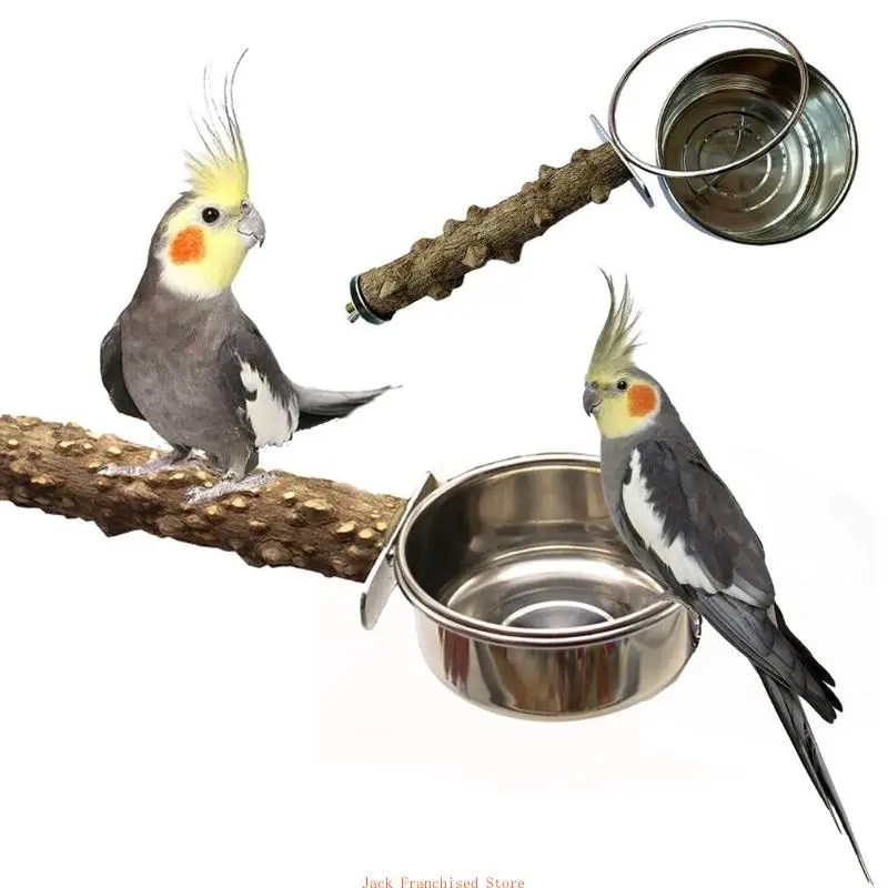 Parrot Bird Cage Perch Natural Wooden Stand with Stainless Steel Dishes Bowl Feeder Cup for Parakeet Cockatiels