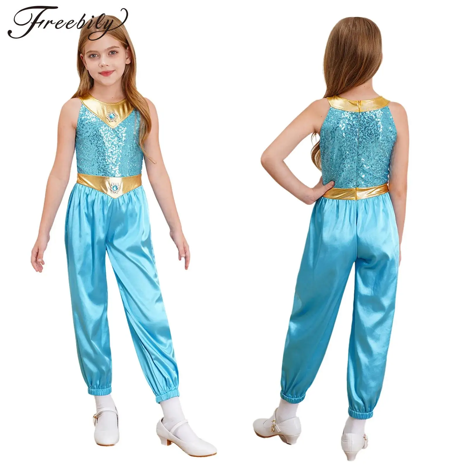 

Kids Girls Arabian Princess Costume Sleeveless Shiny Sequins Gems Dance Jumpsuit Halloween Carnival Them Party Dress Up Clothes