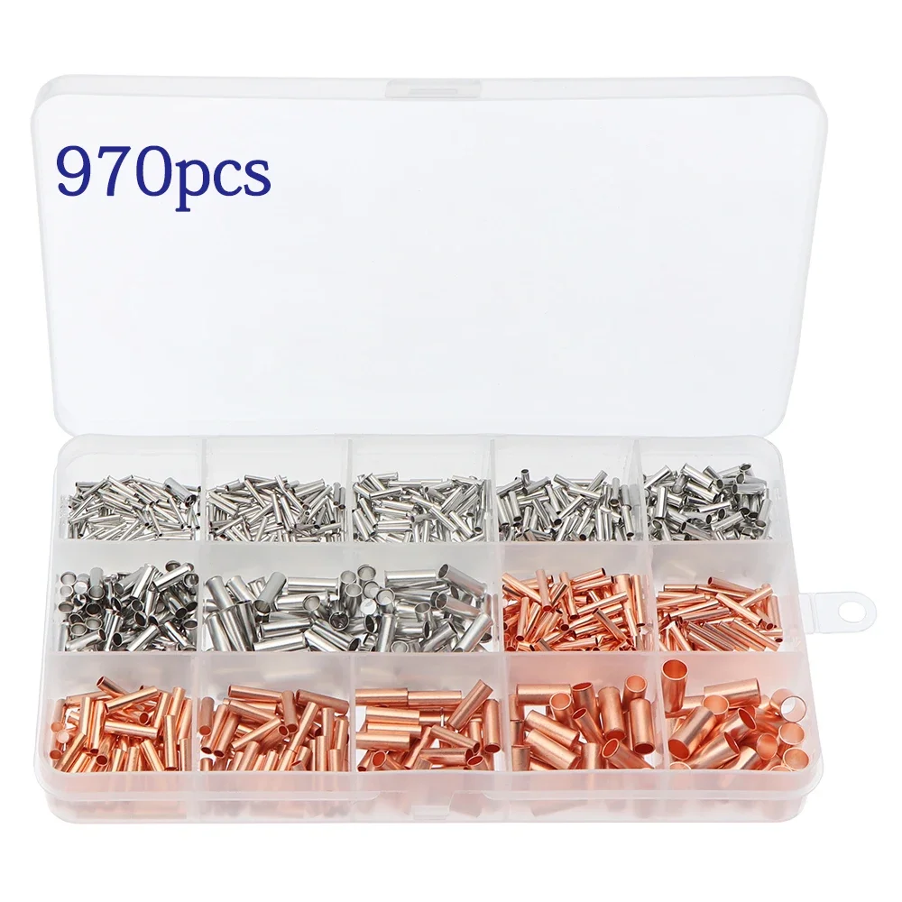 970 stks/set Koperen Pijp Verbinding Gezamenlijke Draad Kleine Koperen Pijp Kabel Crimp Terminal Lug Bussen Kit met Krimpkous Tang