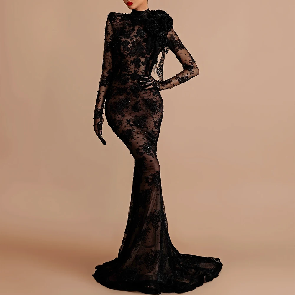 

Customized Sexy Tulle Mermaid Flowers and Crystal Evening Dress High Collar Long Sleeves Panel Train Backless Photo Color