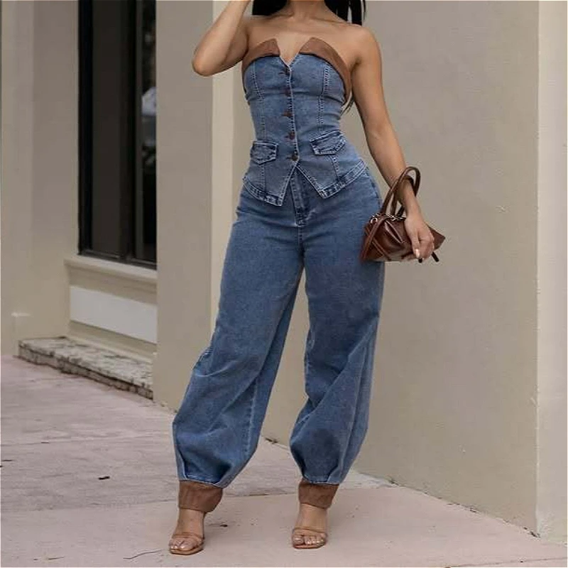 

2026 Two Pieces Women Denim Pant Sets Solid Matching Set Sleeveless Tube Strapless High Waist Cropped Pants Slim Casual Summer