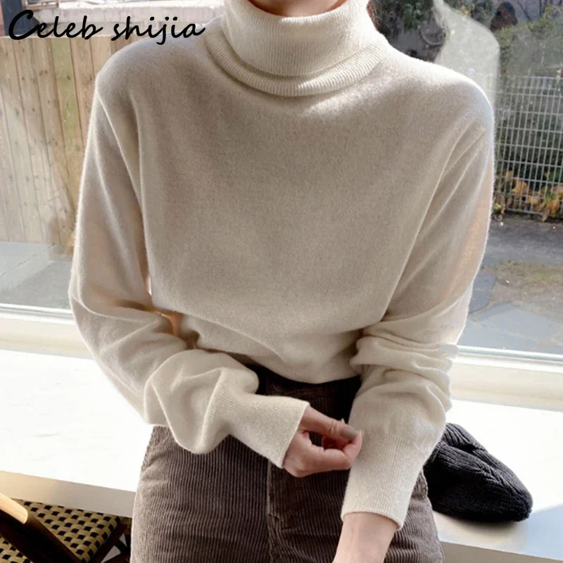 Chic Cashmere Tops Women Turtleneck Spring Long-sleeve Apricot Solid Elegant Pullover Office Lady Harajuku Sweater Women