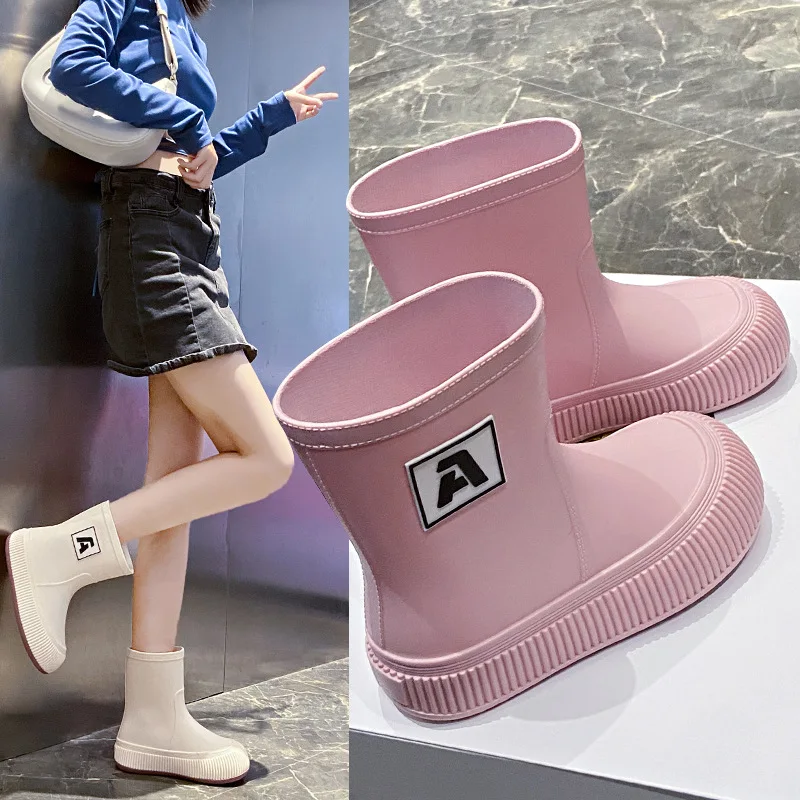Zapatos de Lluvia para Mujer, Modernos, Antideslizantes, Botas de Lluvia de Tubo Medio, Zapatos de Goma para Cocina y Compras, Exterior de Terciopelo