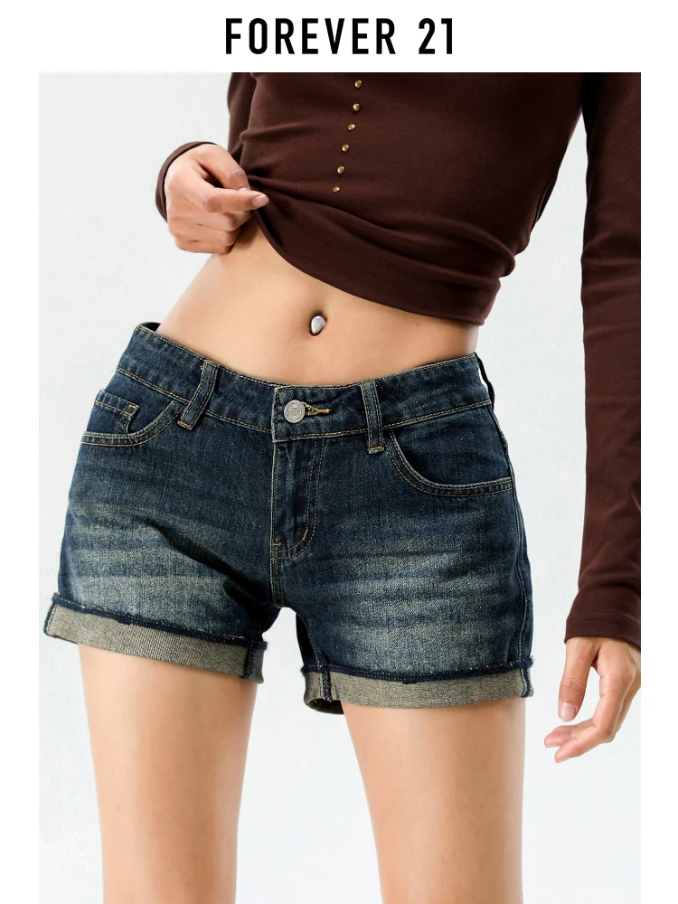 Shorts Jeans Feminino Hot Girl Estilo Americano Forever 21 com Barra Dobrada e Cintura Baixa, Novo, Efeito Emagrecedor, Retrô Azul, Hot Pants de Verão em Mistura de Algodão