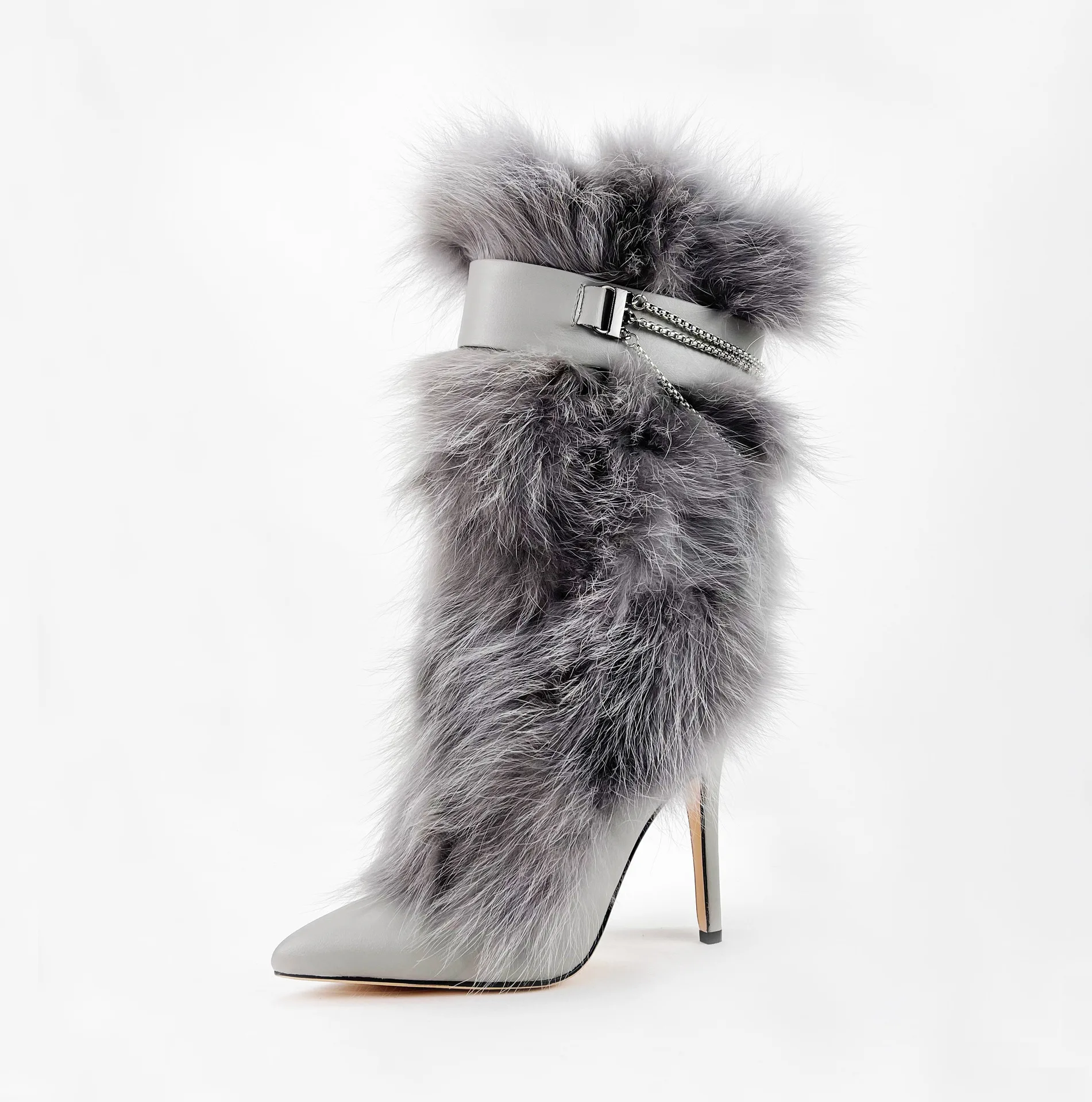 Small Number of High-Heeled Fur Boots 2022 Spicy Girls Fried Street Pointy Thin Heel Warm Cowhide Fox Fur Fashion Boots