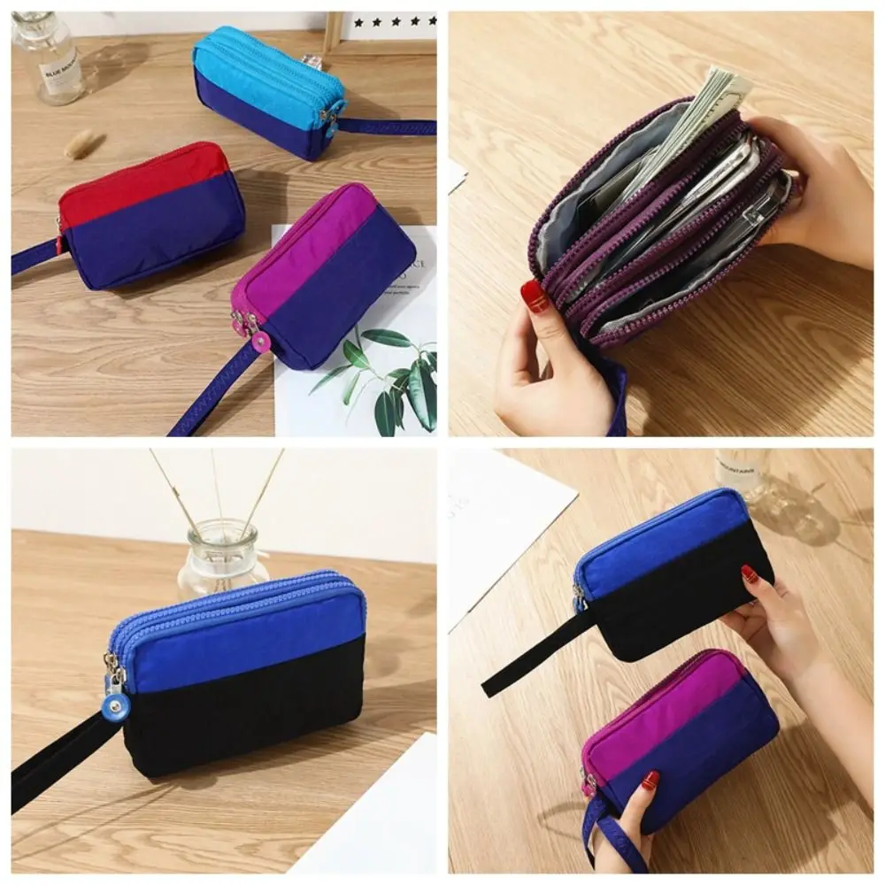 Nylon Three Layer Coin Purse With Lanyard Waterproof Contrasting Colors Wrist Bag Card Holder Large Capacity Simple Hand Bag