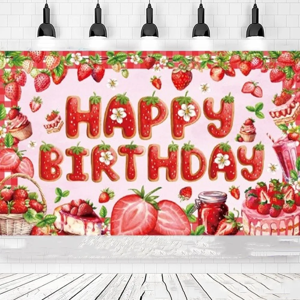 

Red Happy Birthday Photography Backdrop Polyester Celebrate Party Hanging Banner Cartoon Strawberry Party Background