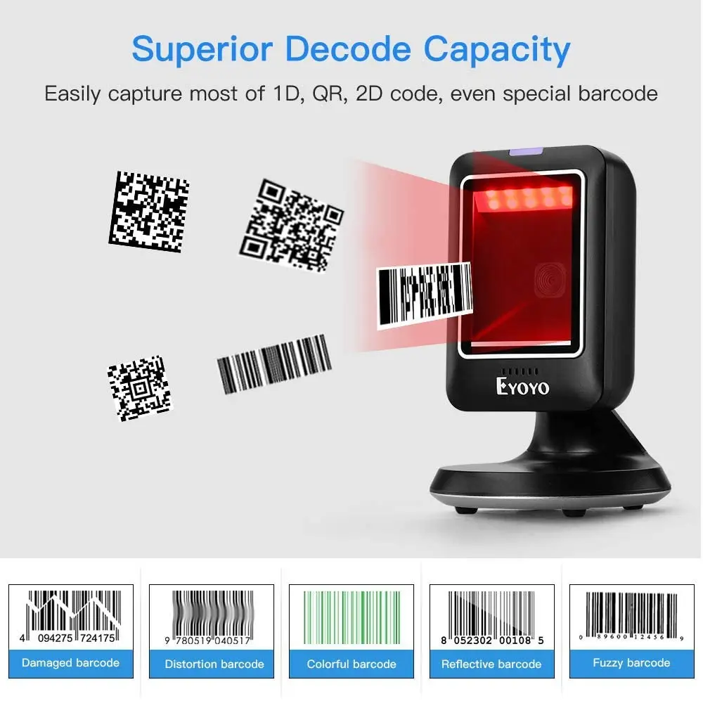 Scanner de codes-barres de bureau YOKO 2D 1D, scanner de plate-forme avec balayage à détection automatique, omnidirectionnel, mains libres, USB, filaire
