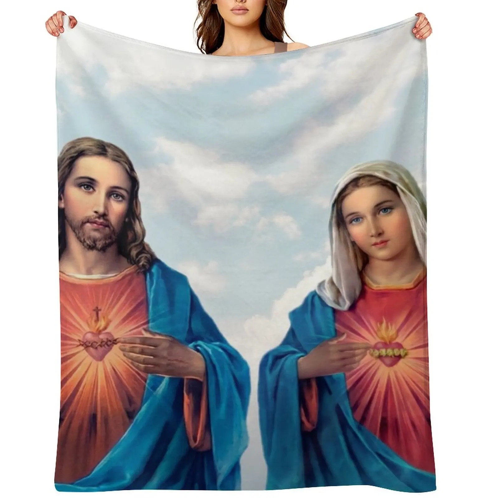 

Sacred and Immaculate Hearts (Jesus and Mary) with sky background Throw Blanket Sofa Bed Soft Beds valentine gift ideas Blankets