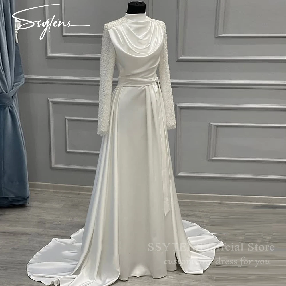 

SSYTENS Classy Arabic Wedding Dress High Neck Beaded Bride Dresses Long Sleeves Customized Muslim Bridal Gowns Vestido De Noiva