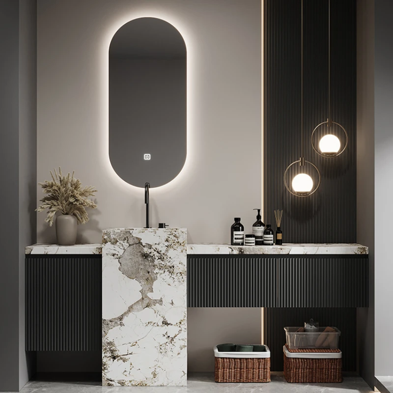 

Rock slab column basin integrated basin bathroom cabinet combination floor standing type